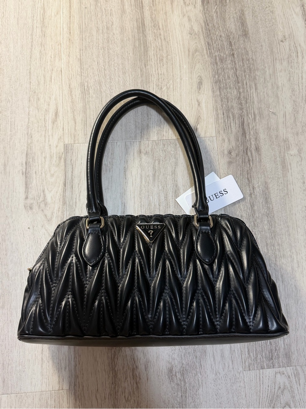 GUESS Black Quilted Satchel with Top Handles